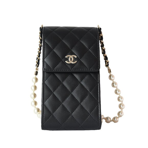 Chanel Pearl Matelasse Lambskin Quilted small Flap phone Bag Gold Hardware Black - Picture 1 of 6
